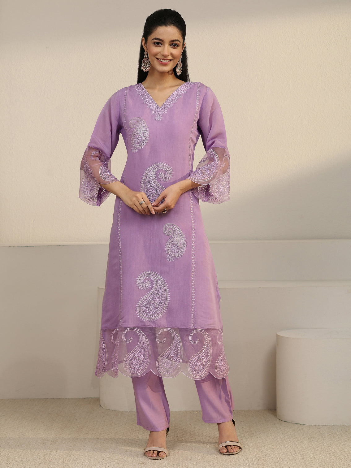 Mameraa Lavender Paisley Embroidered Chanderi Cotton Straight Suit Set