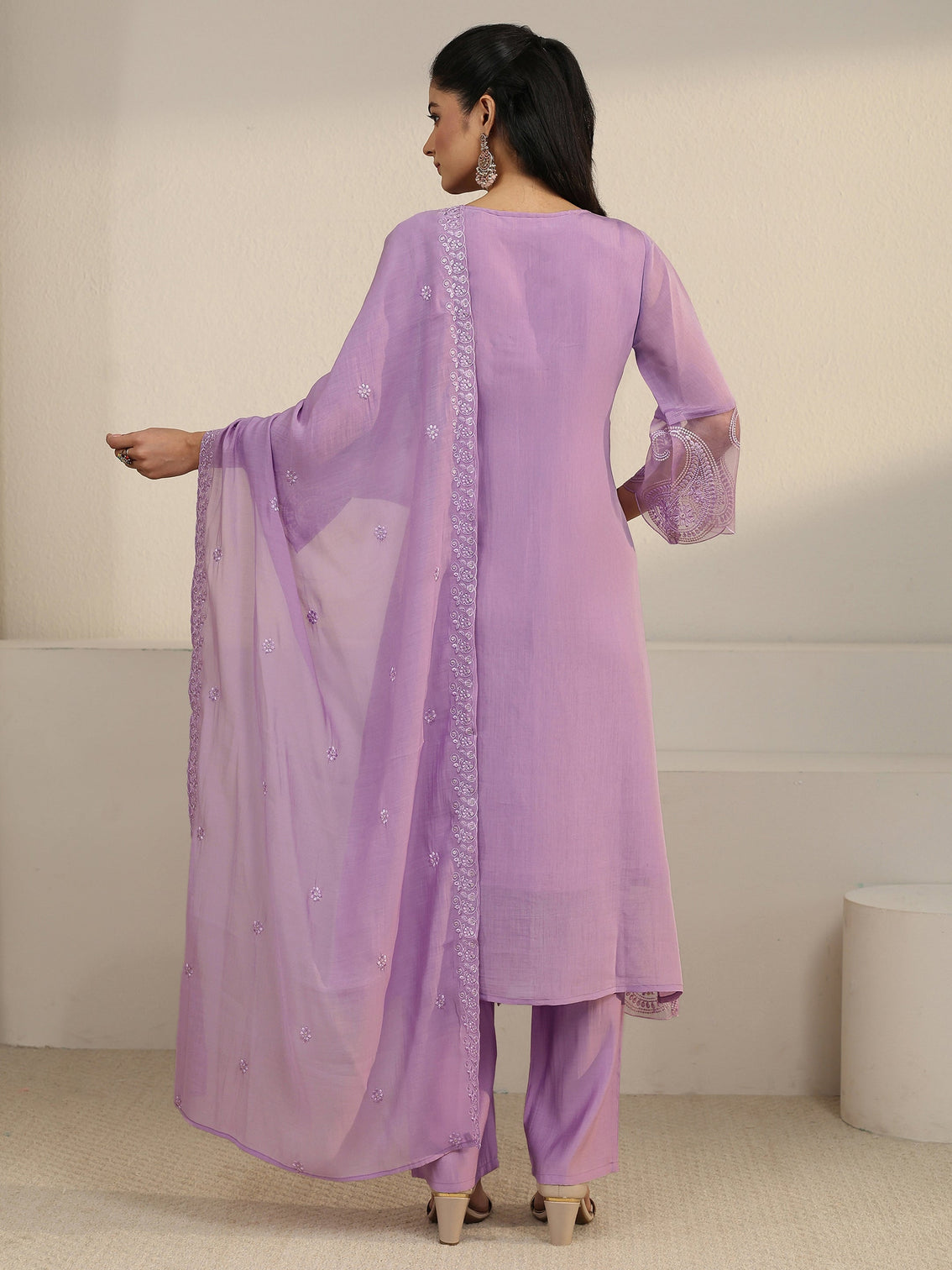 Mameraa Lavender Paisley Embroidered Chanderi Cotton Straight Suit Set