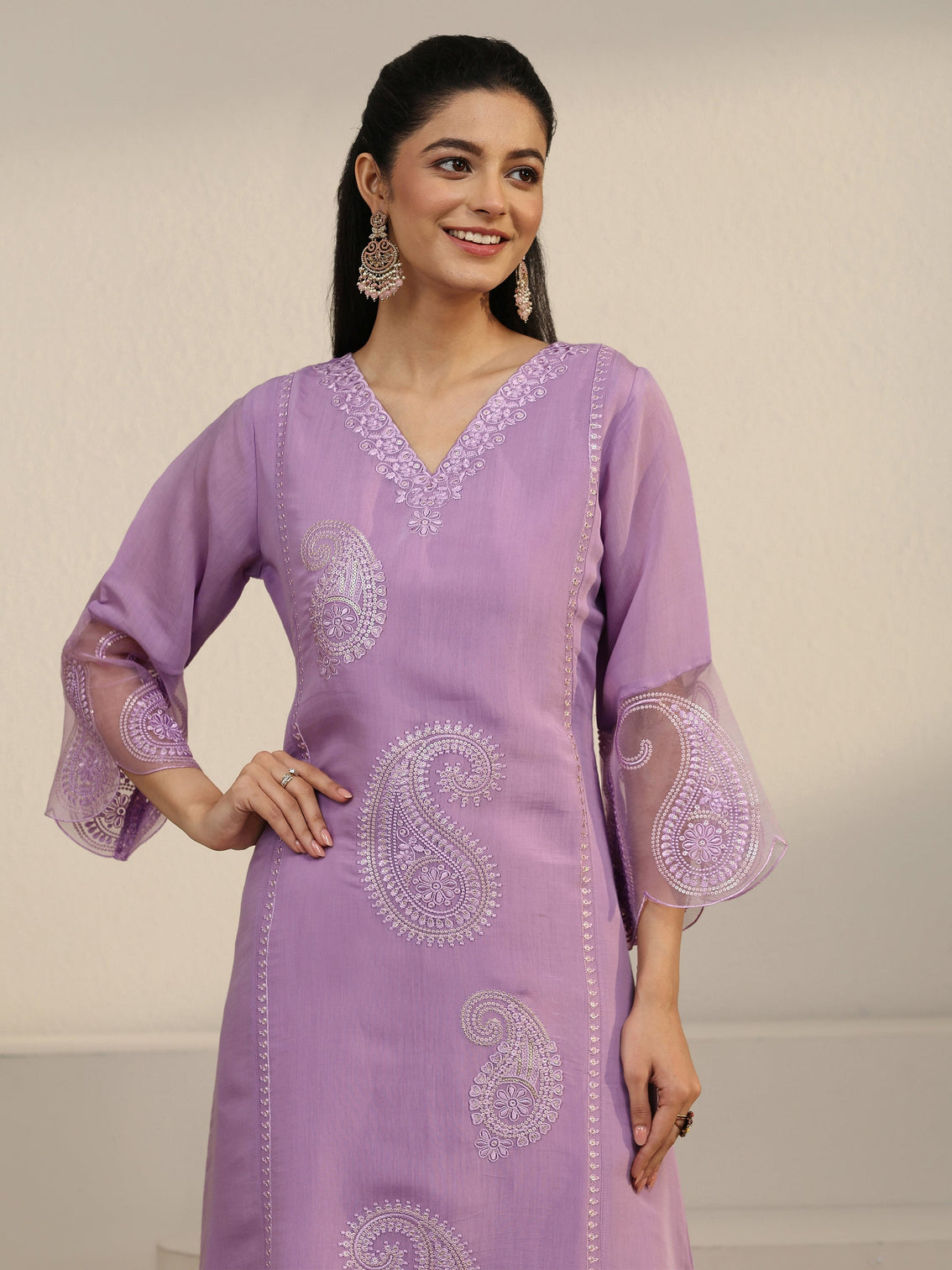 Mameraa Lavender Paisley Embroidered Chanderi Cotton Straight Suit Set