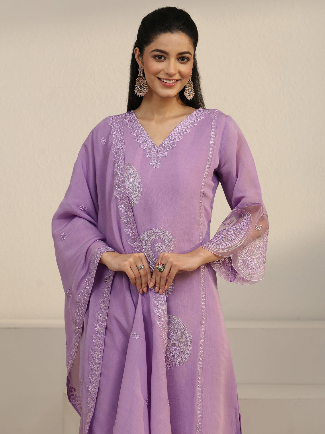 Mameraa Lavender Paisley Embroidered Chanderi Cotton Straight Suit Set