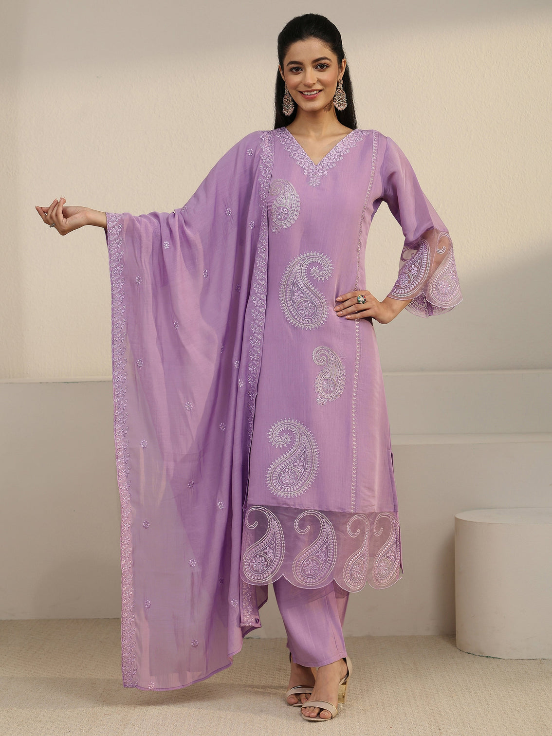 Mameraa Lavender Paisley Embroidered Chanderi Cotton Straight Suit Set