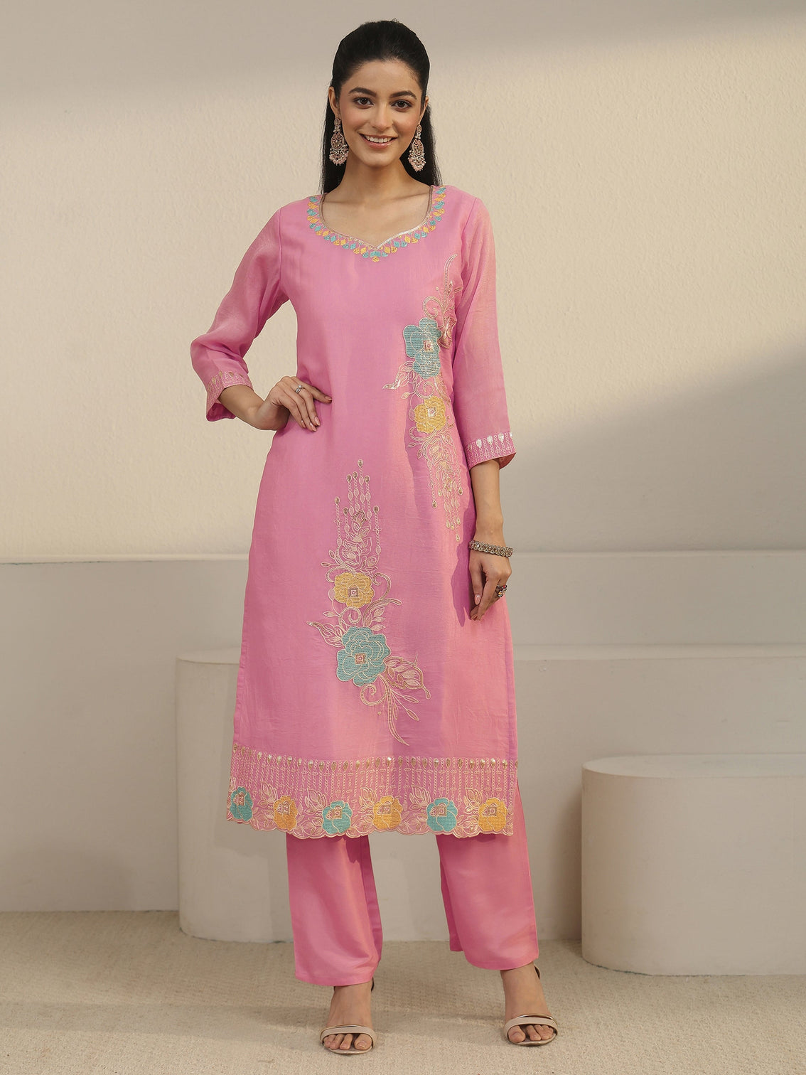 Mameraa Pink Floral Embroidered Silk Blend Straight Suit Set