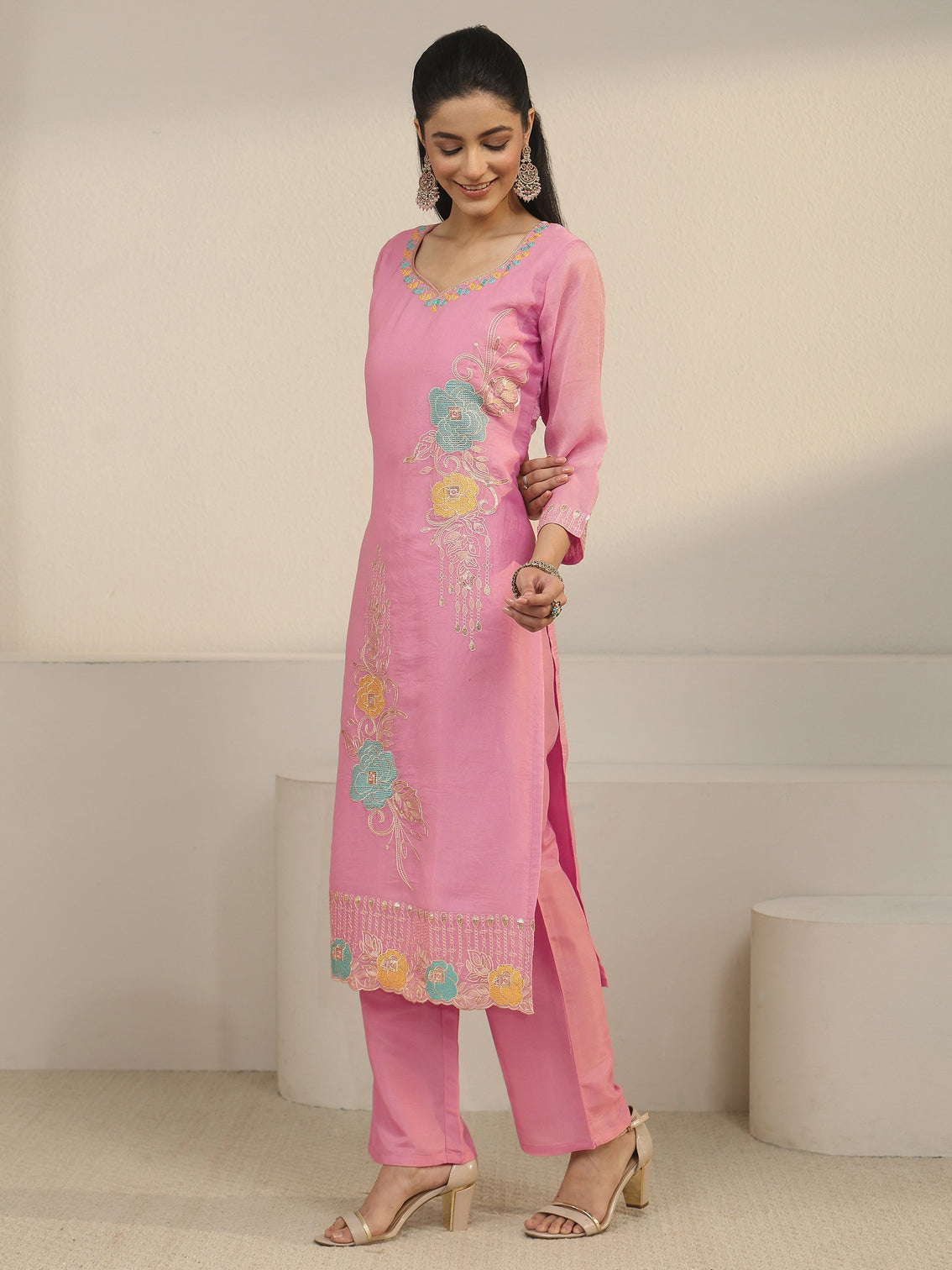 Mameraa Pink Floral Embroidered Silk Blend Straight Suit Set