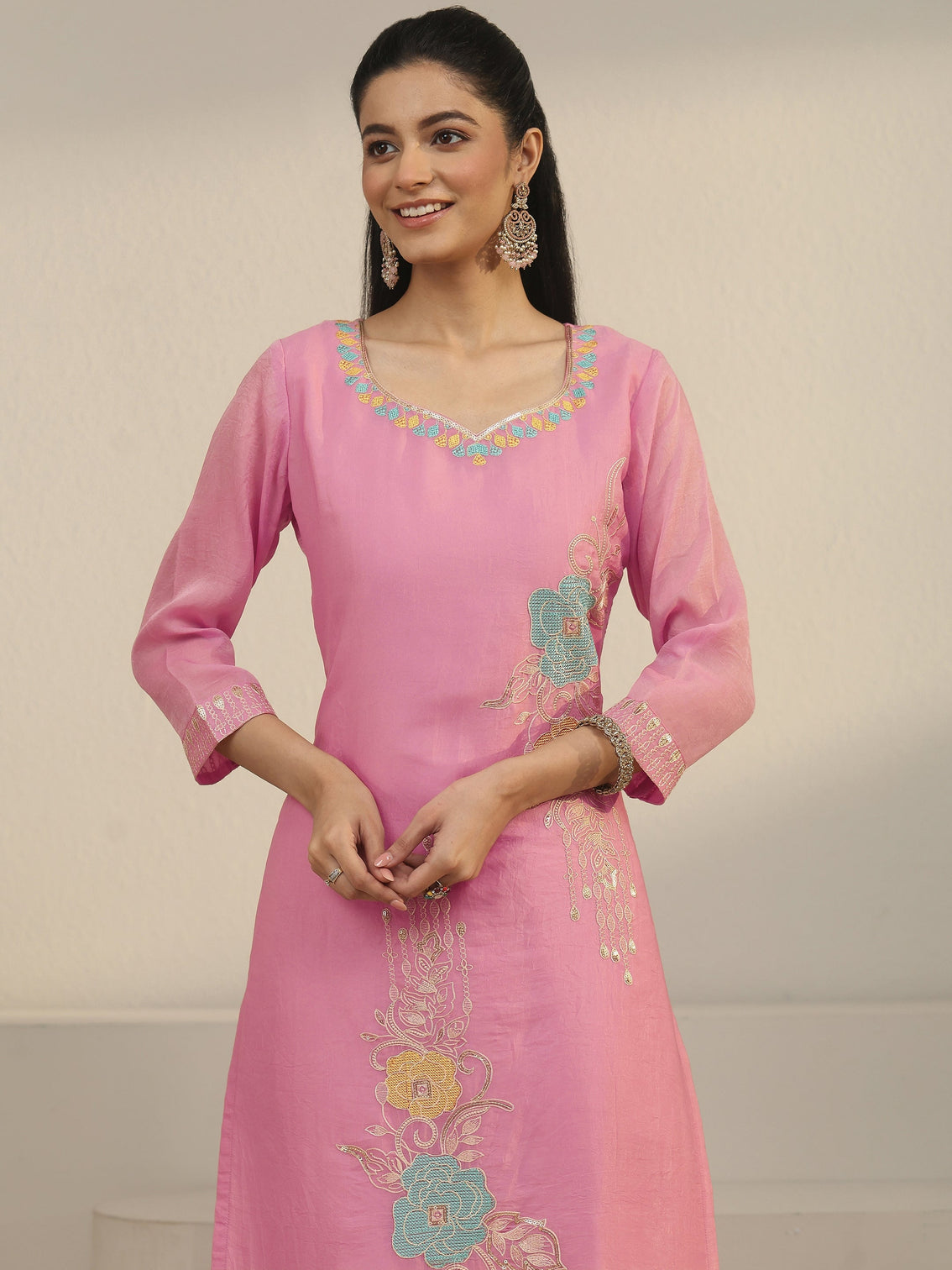 Mameraa Pink Floral Embroidered Silk Blend Straight Suit Set