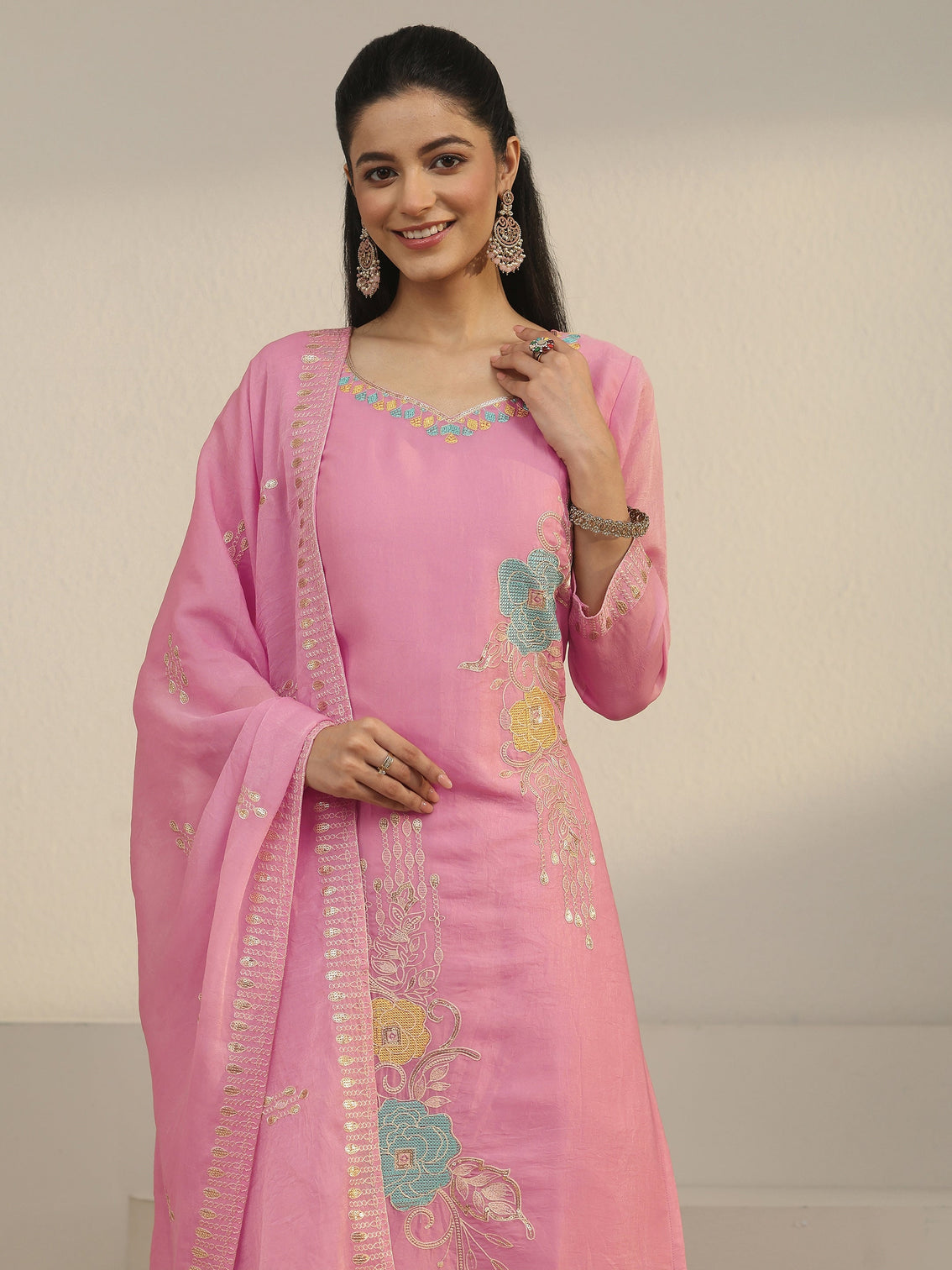 Mameraa Pink Floral Embroidered Silk Blend Straight Suit Set
