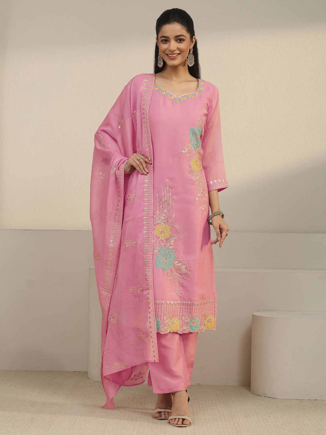 Mameraa Pink Floral Embroidered Silk Blend Straight Suit Set