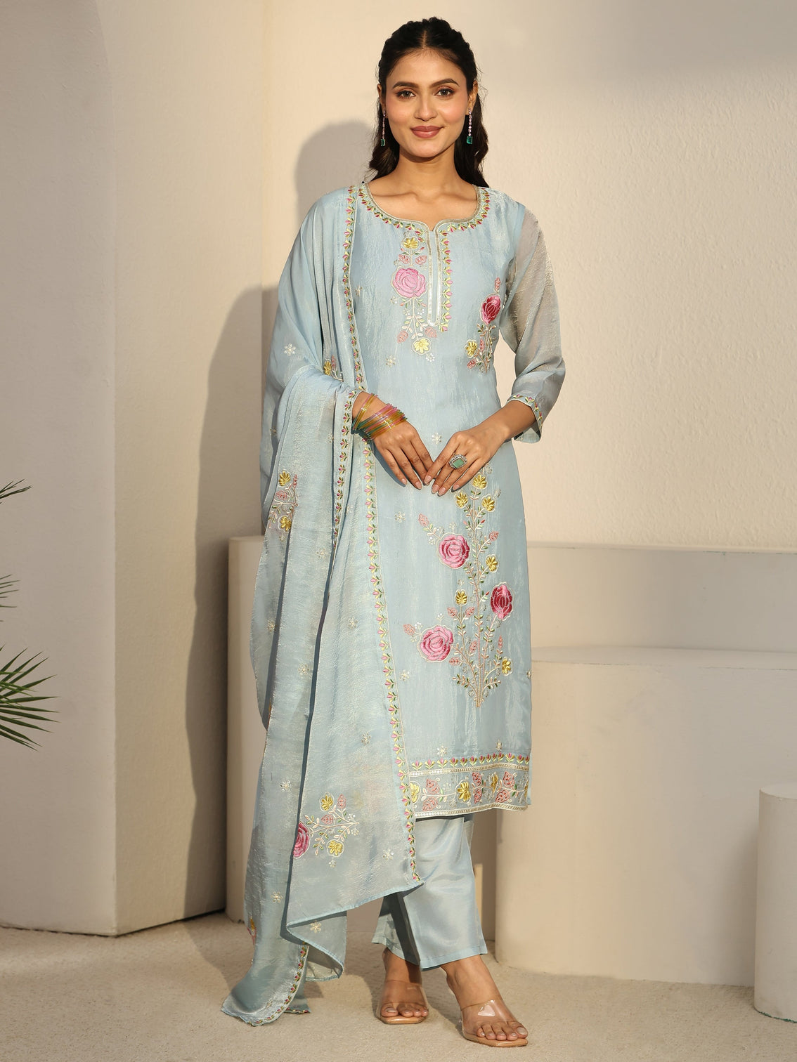 Mameraa Blue Floral Embroidered Silk Blend Straight Suit Set