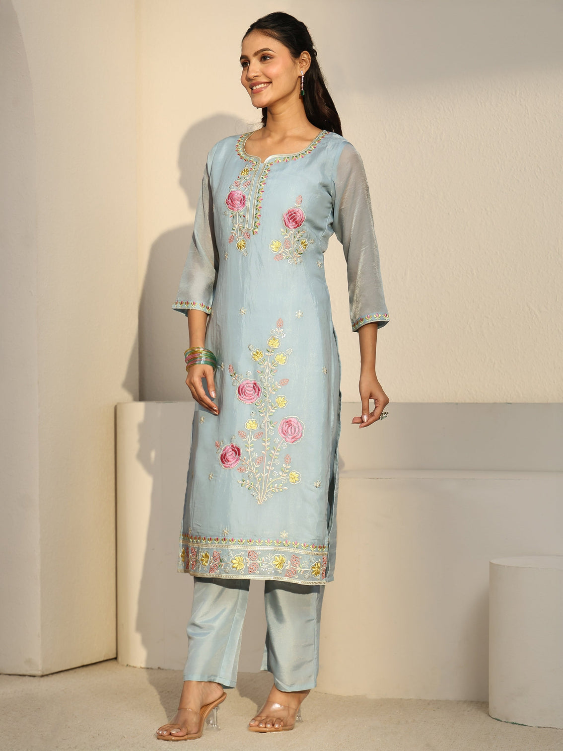 Mameraa Blue Floral Embroidered Silk Blend Straight Suit Set