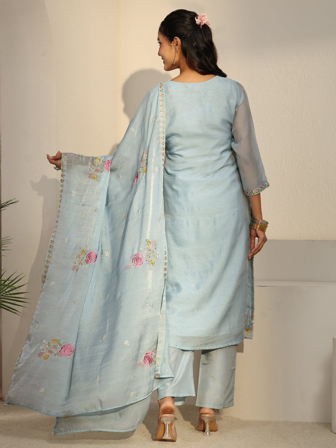 Mameraa Blue Floral Embroidered Silk Blend Straight Suit Set
