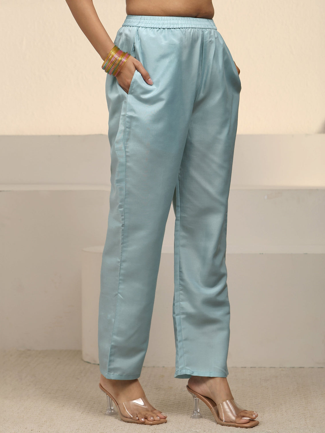 Mameraa Blue Floral Embroidered Silk Blend Straight Suit Set