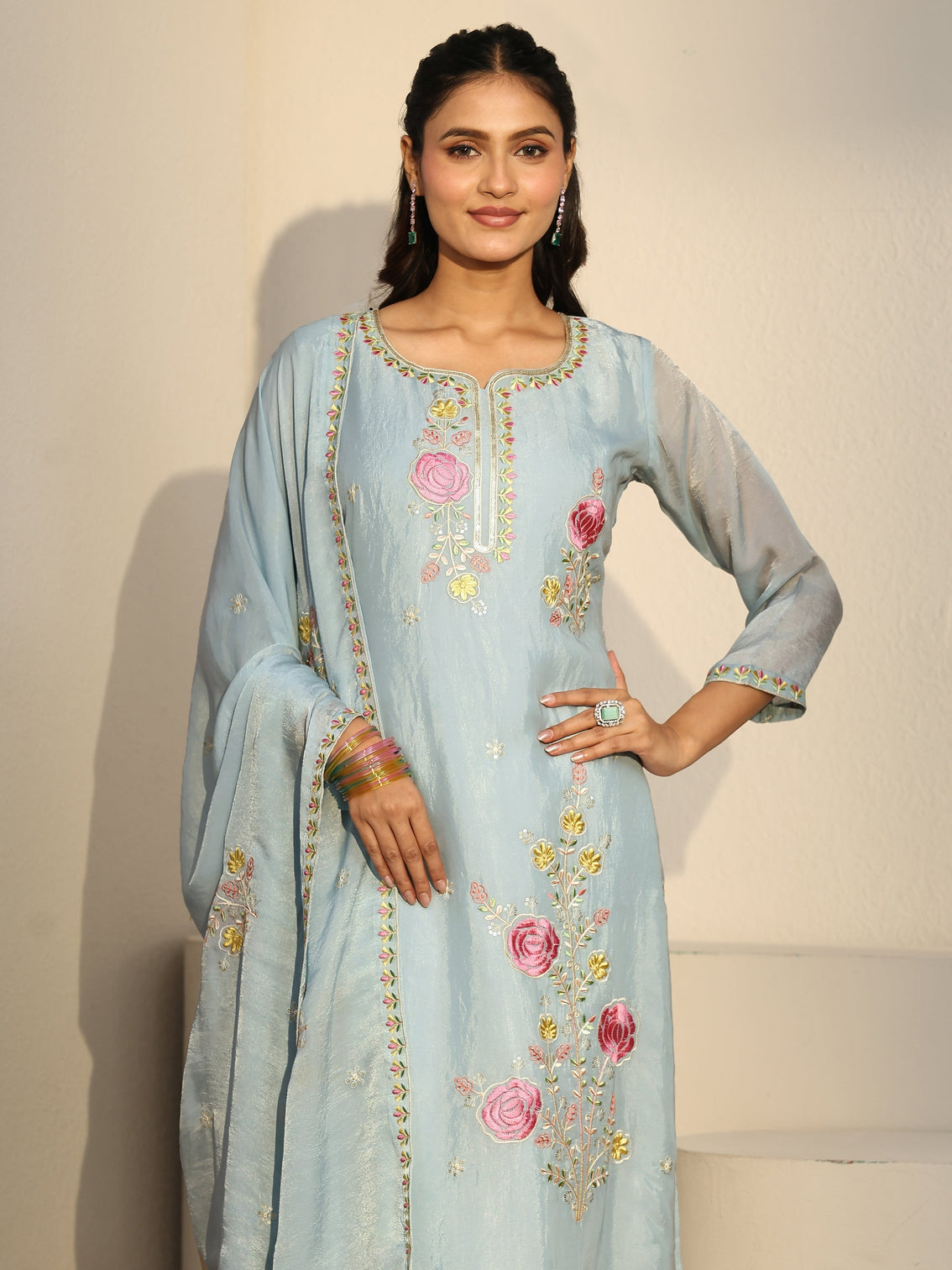 Mameraa Blue Floral Embroidered Silk Blend Straight Suit Set