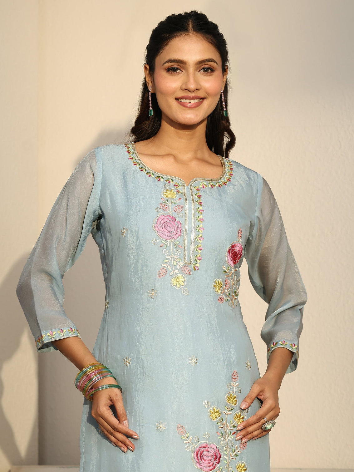 Mameraa Blue Floral Embroidered Silk Blend Straight Suit Set