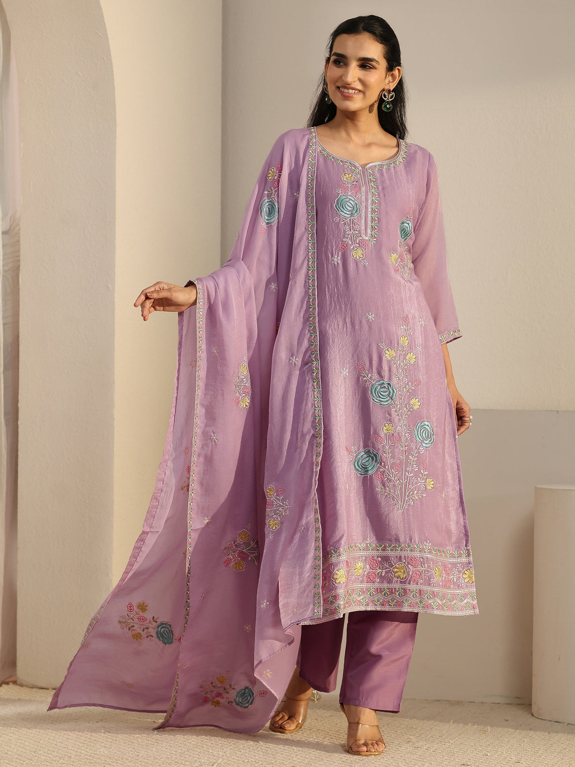 Mameraa Lavender Floral Embroidered Silk Blend Straight Suit Set