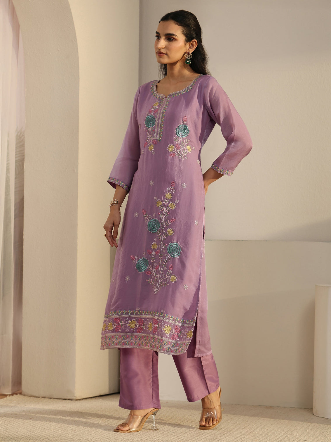 Mameraa Lavender Floral Embroidered Silk Blend Straight Suit Set