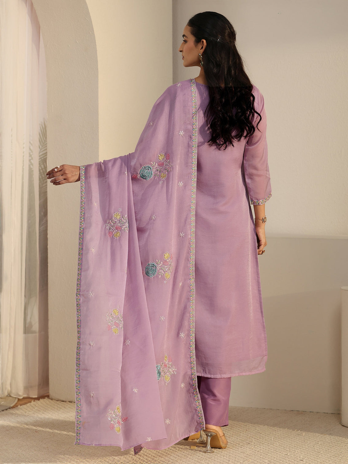 Mameraa Lavender Floral Embroidered Silk Blend Straight Suit Set