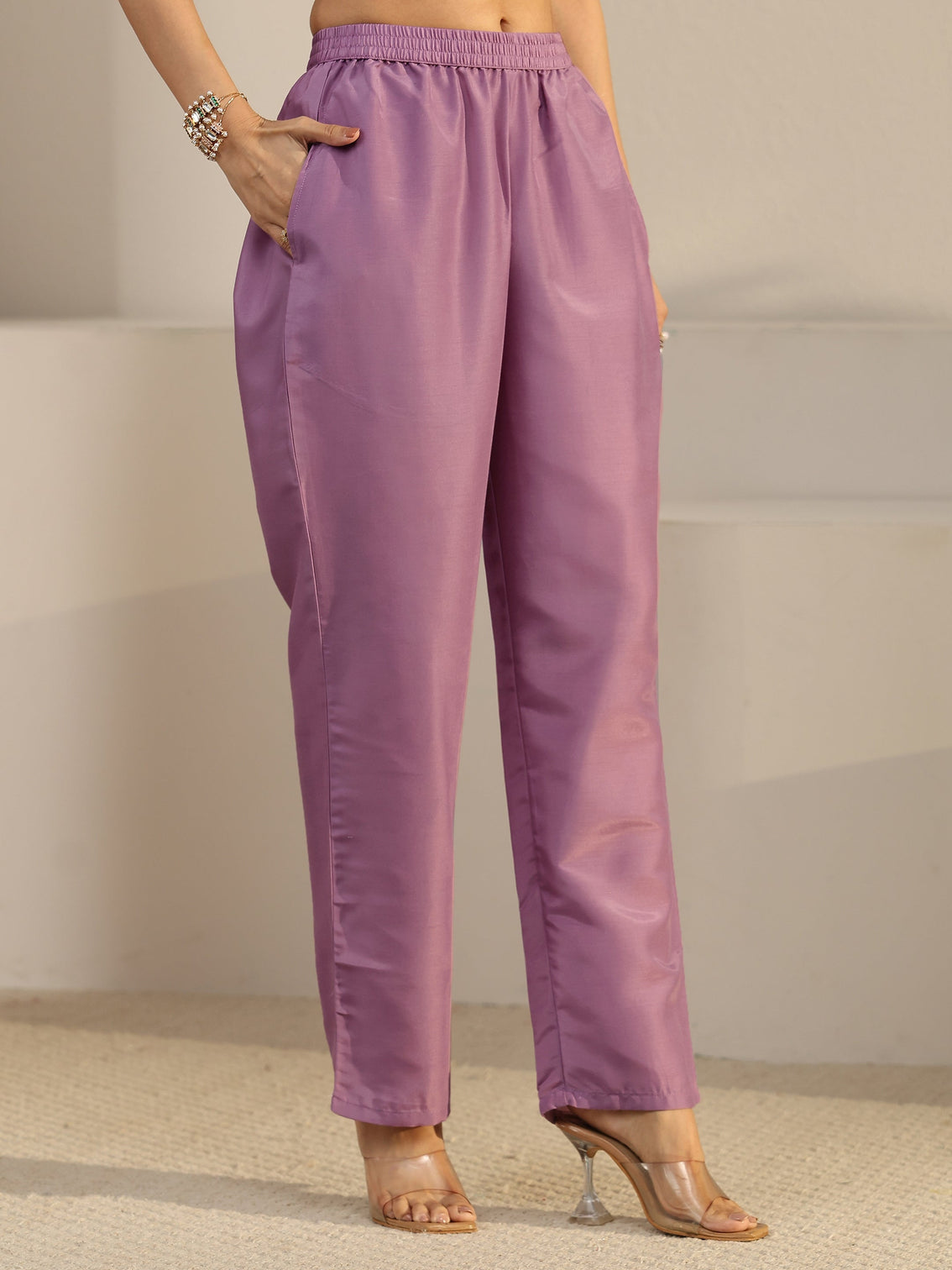 Mameraa Lavender Floral Embroidered Silk Blend Straight Suit Set