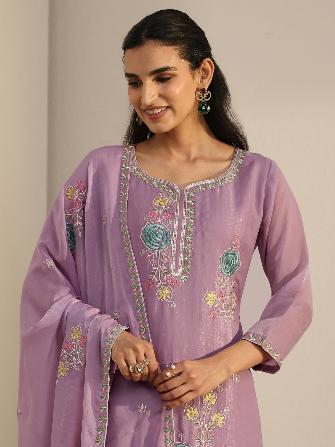 Mameraa Lavender Floral Embroidered Silk Blend Straight Suit Set