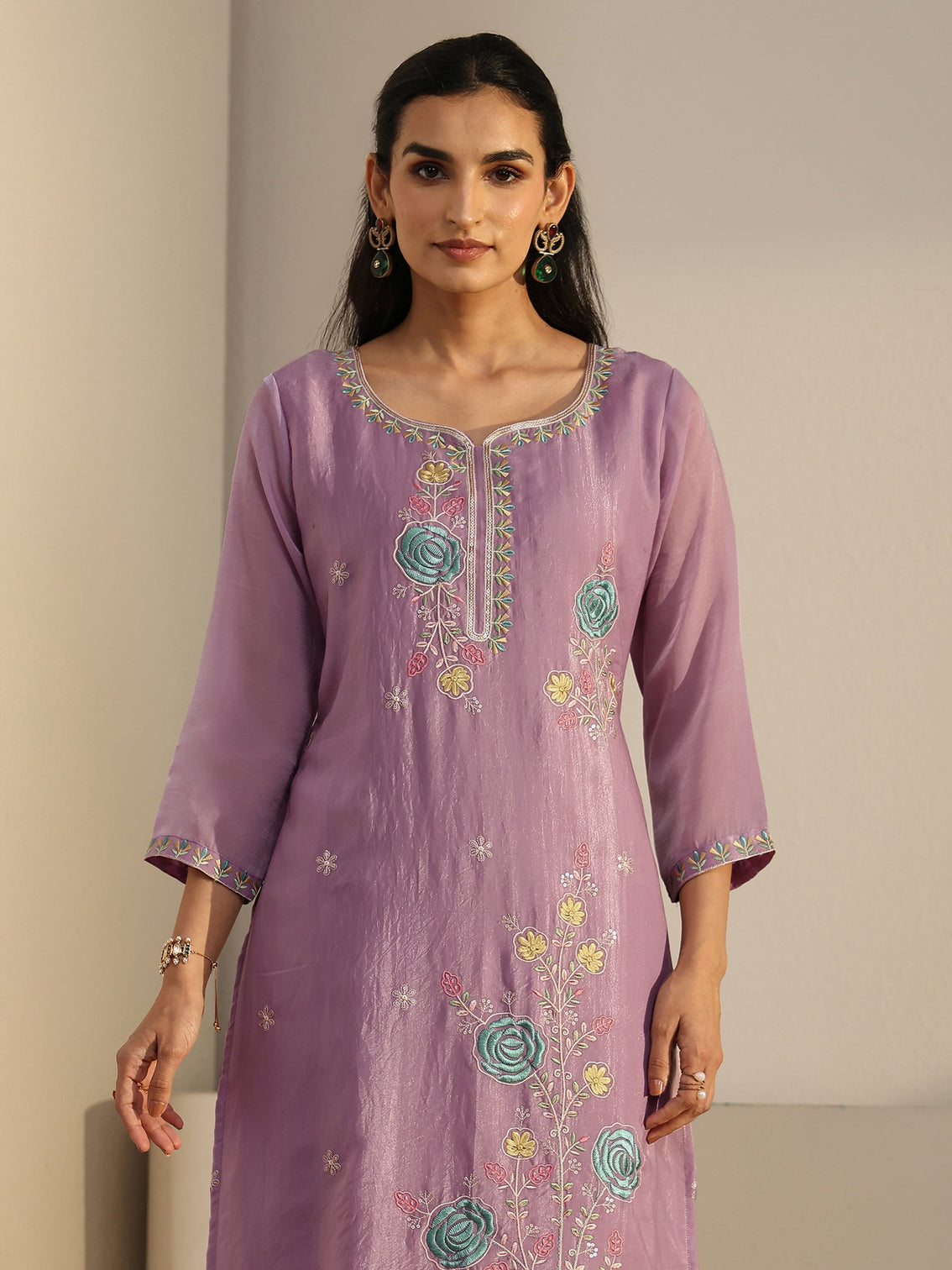Mameraa Lavender Floral Embroidered Silk Blend Straight Suit Set