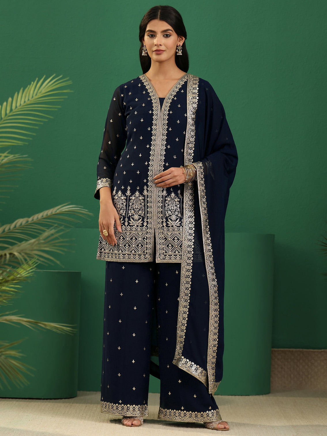 Mameraa Art Navy Blue Embellished Georgette Palazzo Suit Set
