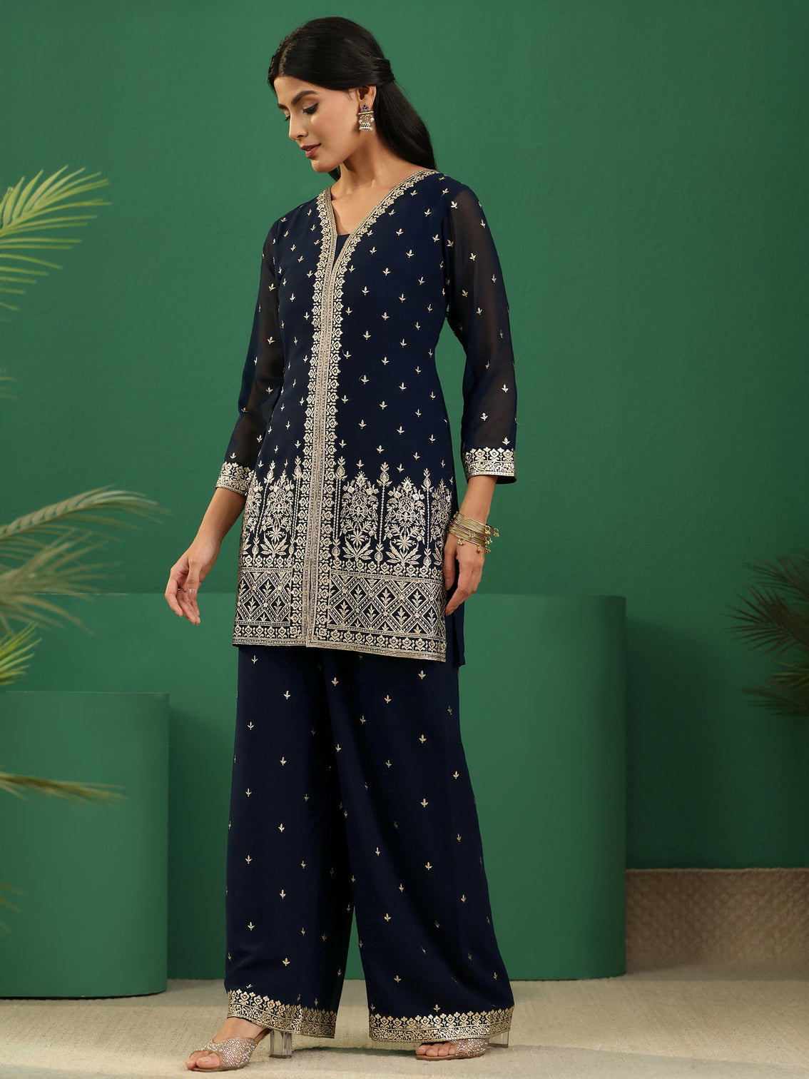 Mameraa Art Navy Blue Embellished Georgette Palazzo Suit Set