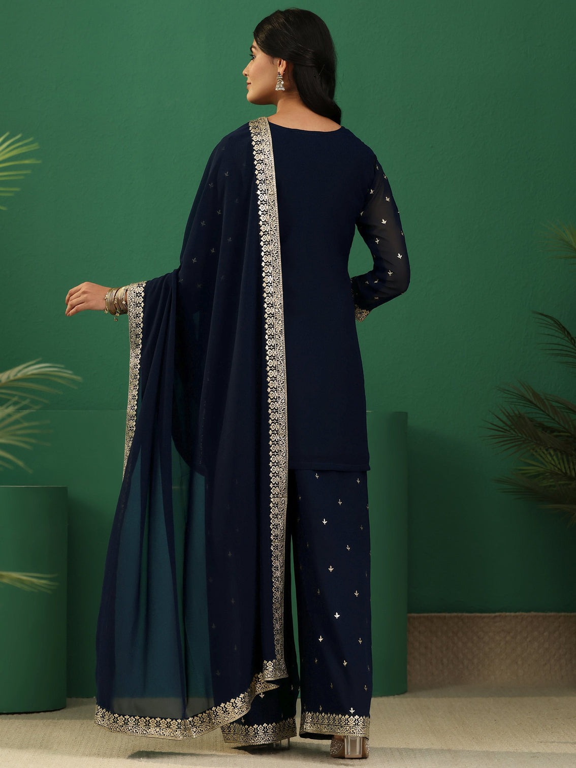 Mameraa Art Navy Blue Embellished Georgette Palazzo Suit Set