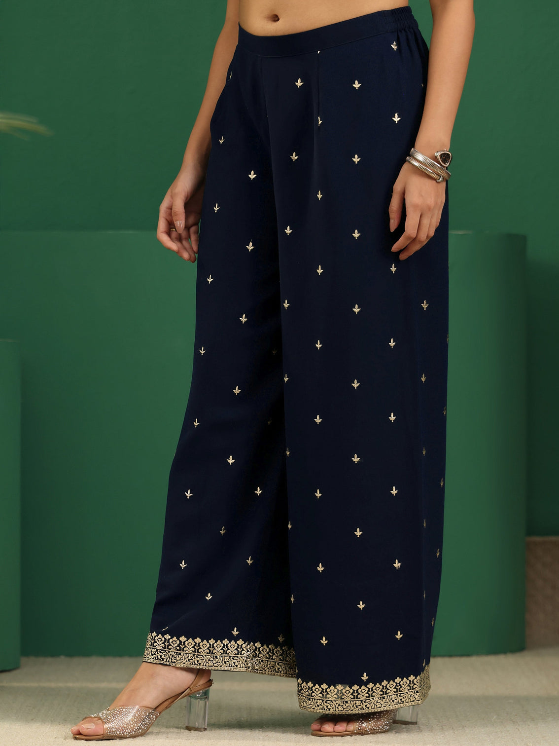 Mameraa Art Navy Blue Embellished Georgette Palazzo Suit Set