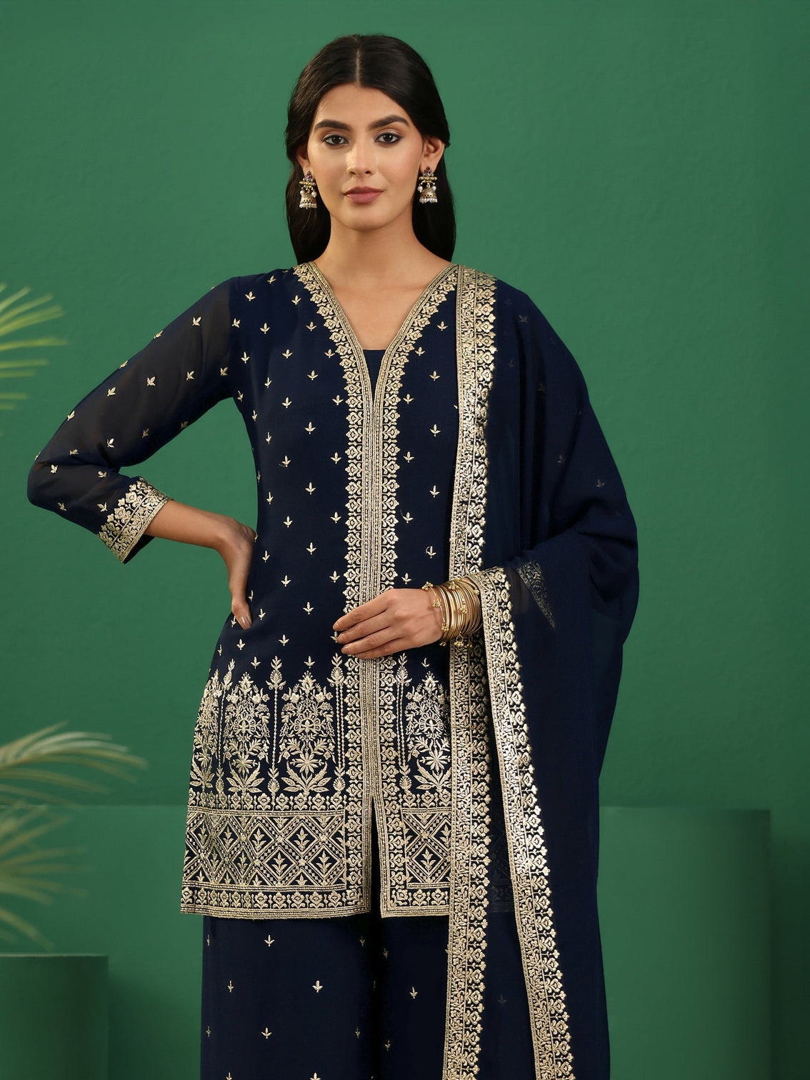 Mameraa Art Navy Blue Embellished Georgette Palazzo Suit Set