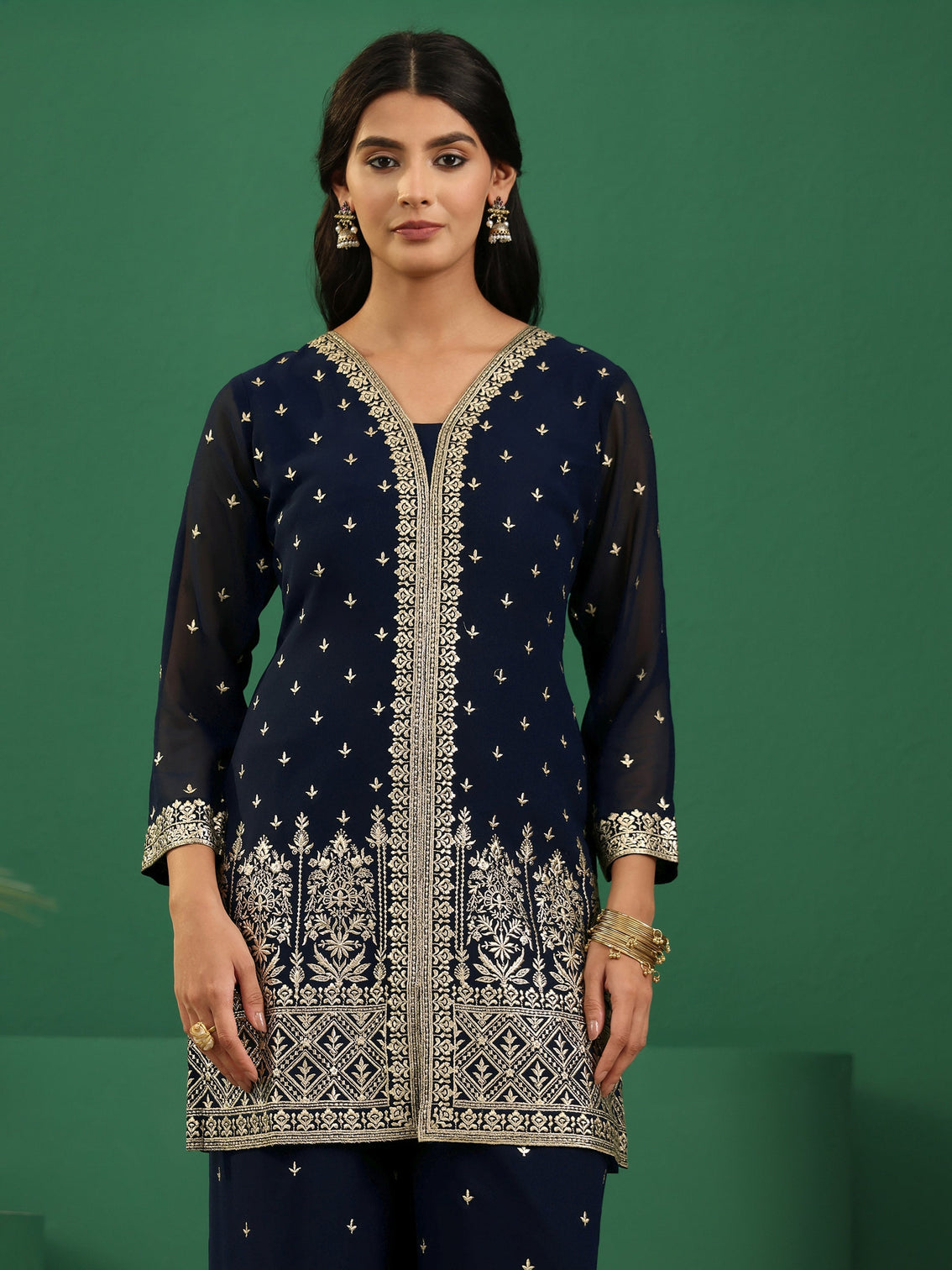 Mameraa Art Navy Blue Embellished Georgette Palazzo Suit Set