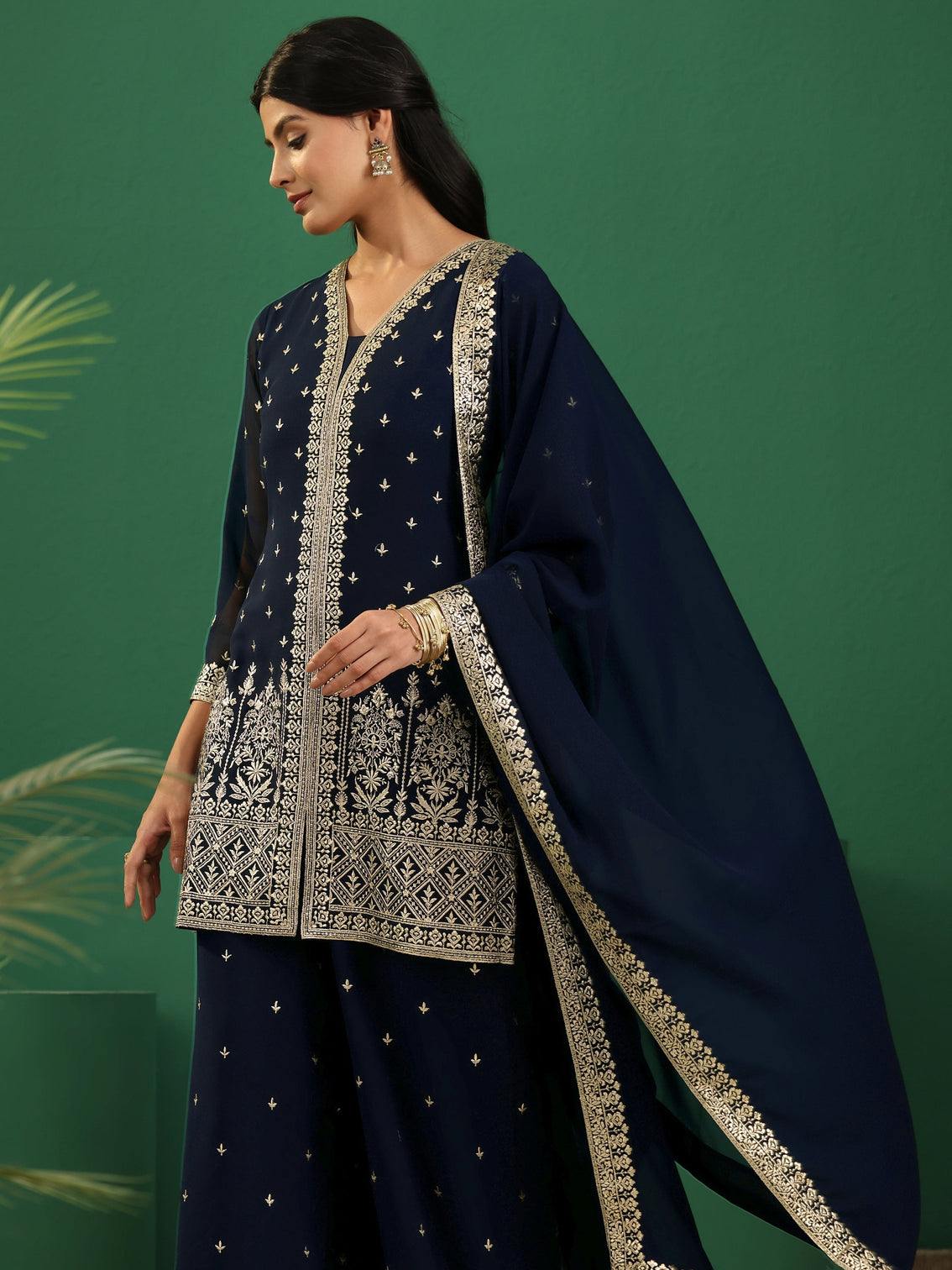 Mameraa Art Navy Blue Embellished Georgette Palazzo Suit Set
