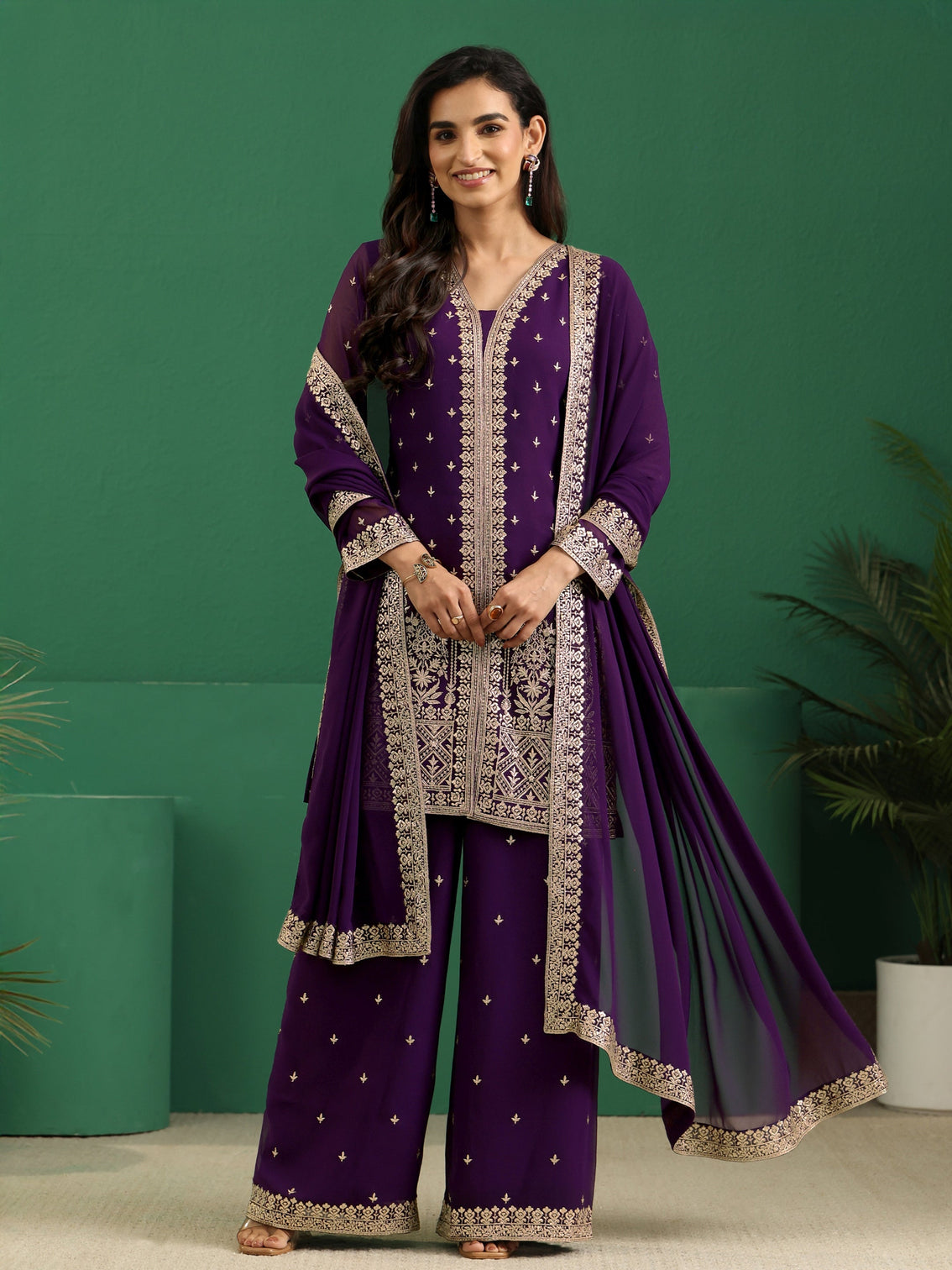 Mameraa Art Aubergine Purple Embellished Georgette Palazzo Suit Set