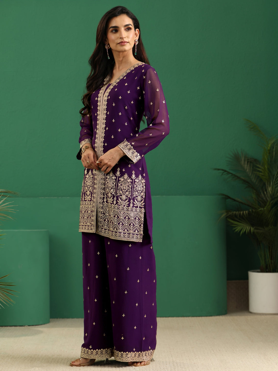 Mameraa Art Aubergine Purple Embellished Georgette Palazzo Suit Set