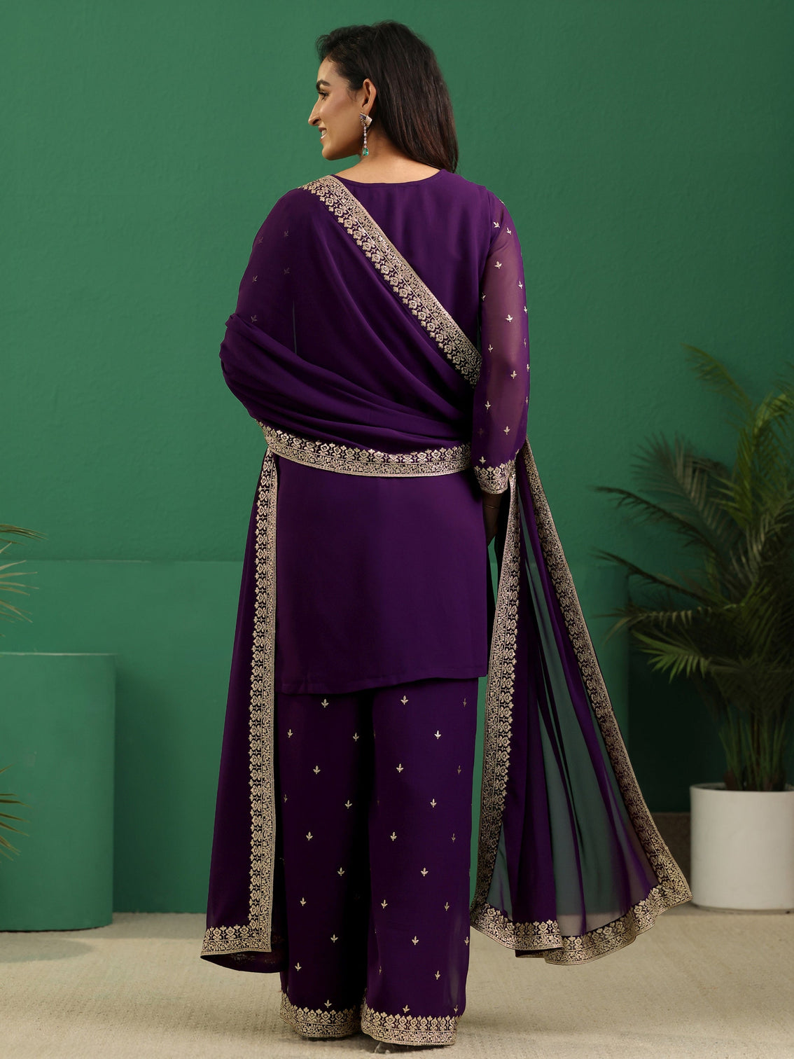 Mameraa Art Aubergine Purple Embellished Georgette Palazzo Suit Set