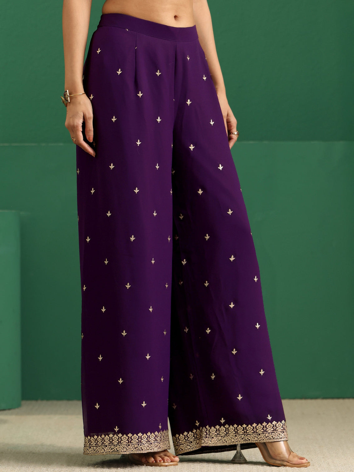 Mameraa Art Aubergine Purple Embellished Georgette Palazzo Suit Set