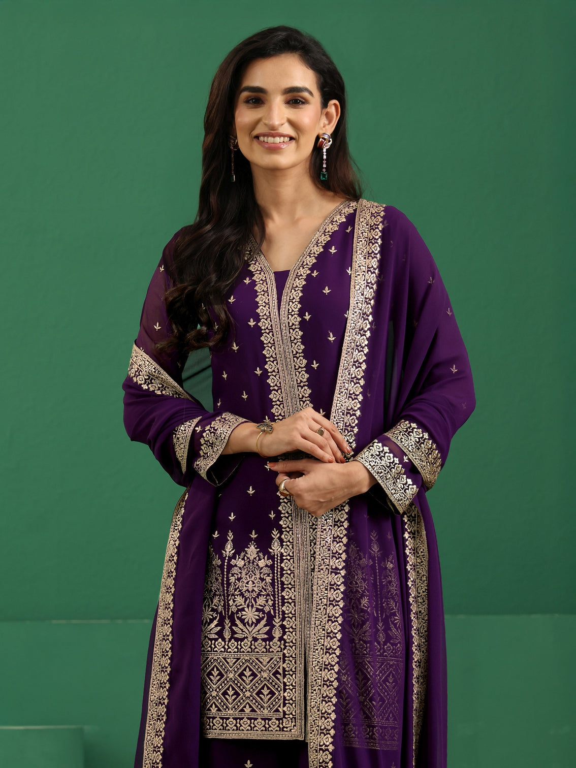 Mameraa Art Aubergine Purple Embellished Georgette Palazzo Suit Set