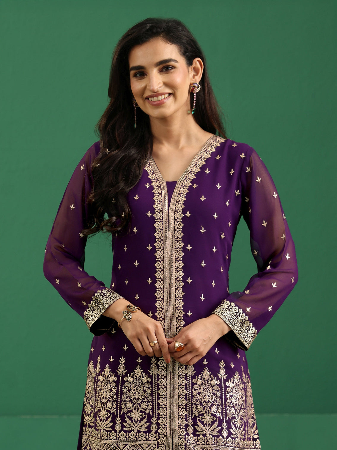 Mameraa Art Aubergine Purple Embellished Georgette Palazzo Suit Set