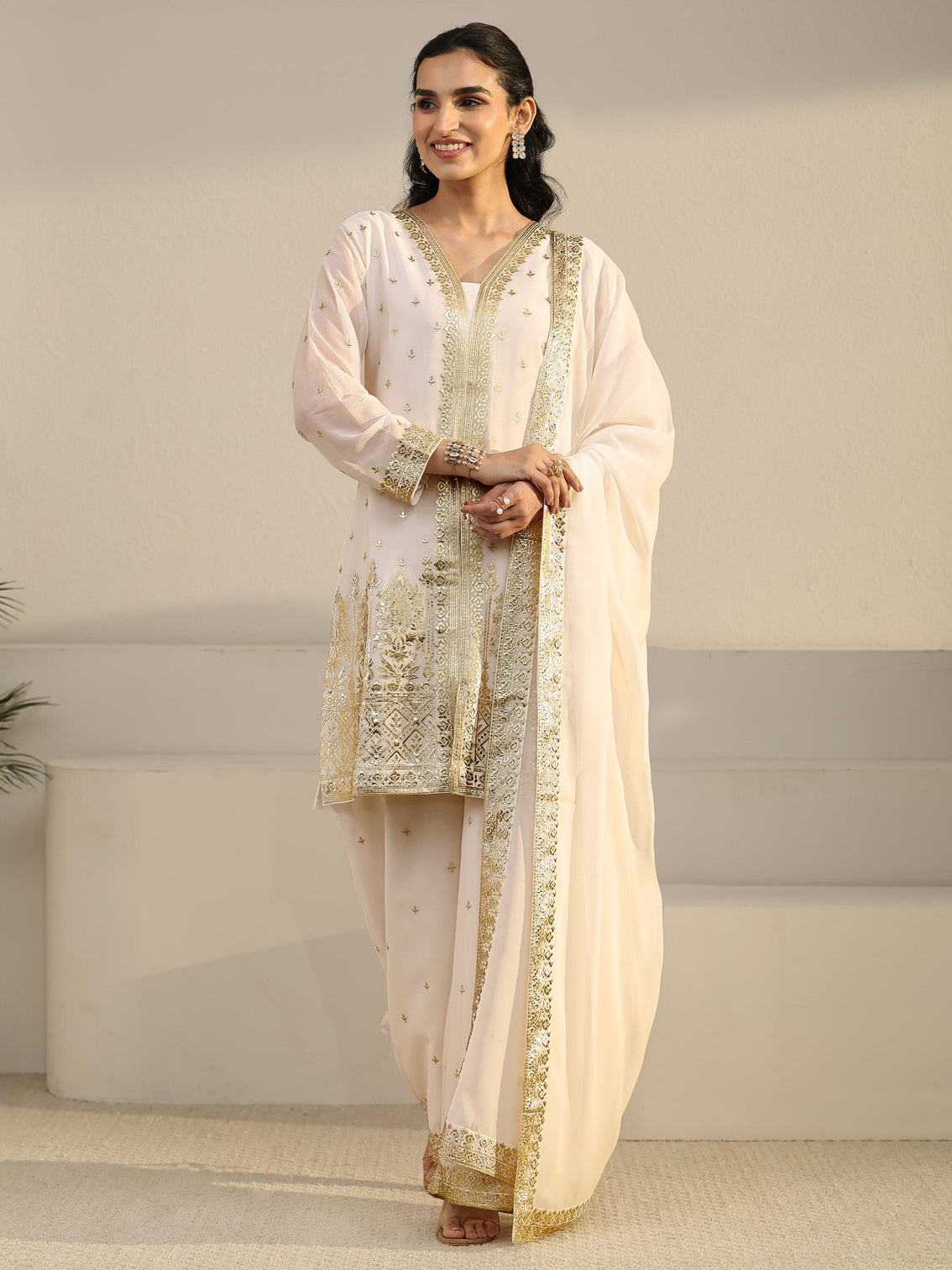 Mameraa Art White Zari Emboridered Georgette Palazzo Suit Set