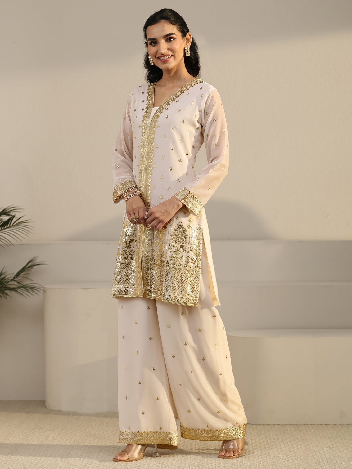 Mameraa Art White Zari Emboridered Georgette Palazzo Suit Set