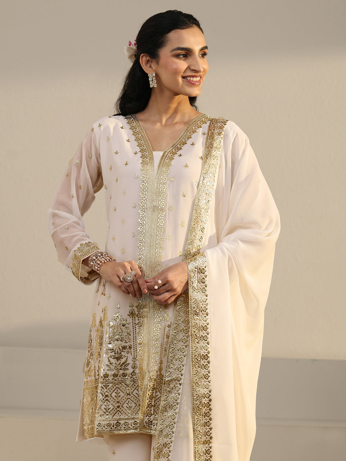 Mameraa Art White Zari Emboridered Georgette Palazzo Suit Set