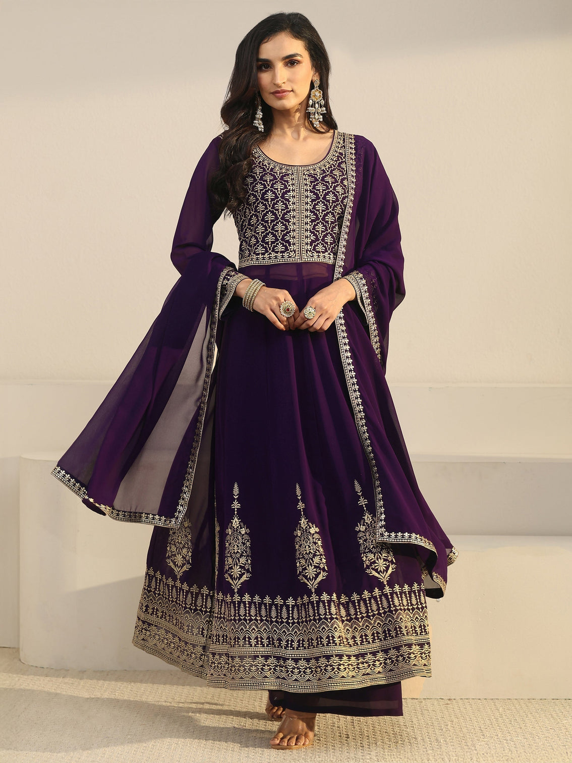 Mameraa Art Plum Purple Floral Embroidered Georgette Anarkali Suit Set