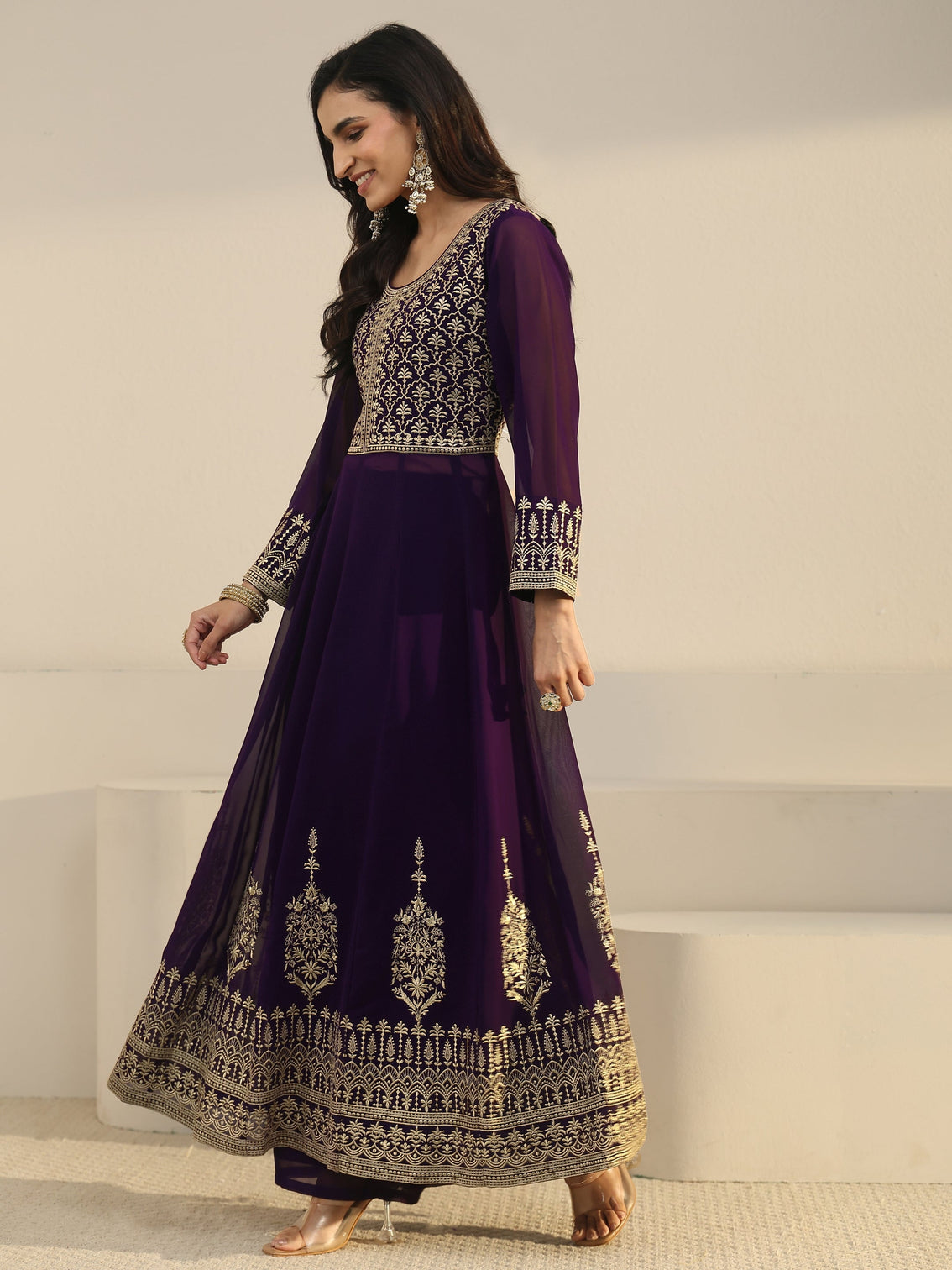 Mameraa Art Plum Purple Floral Embroidered Georgette Anarkali Suit Set