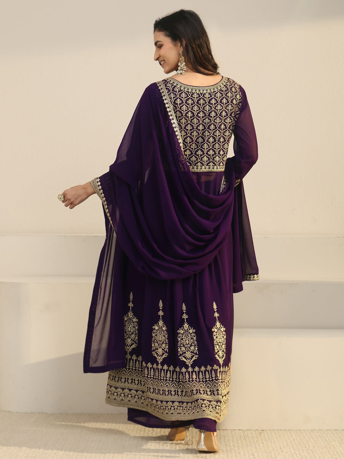 Mameraa Art Plum Purple Floral Embroidered Georgette Anarkali Suit Set
