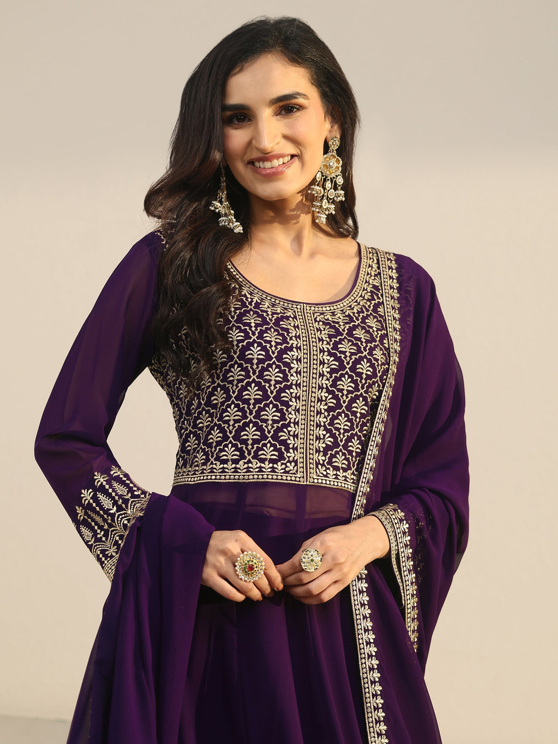 Mameraa Art Plum Purple Floral Embroidered Georgette Anarkali Suit Set