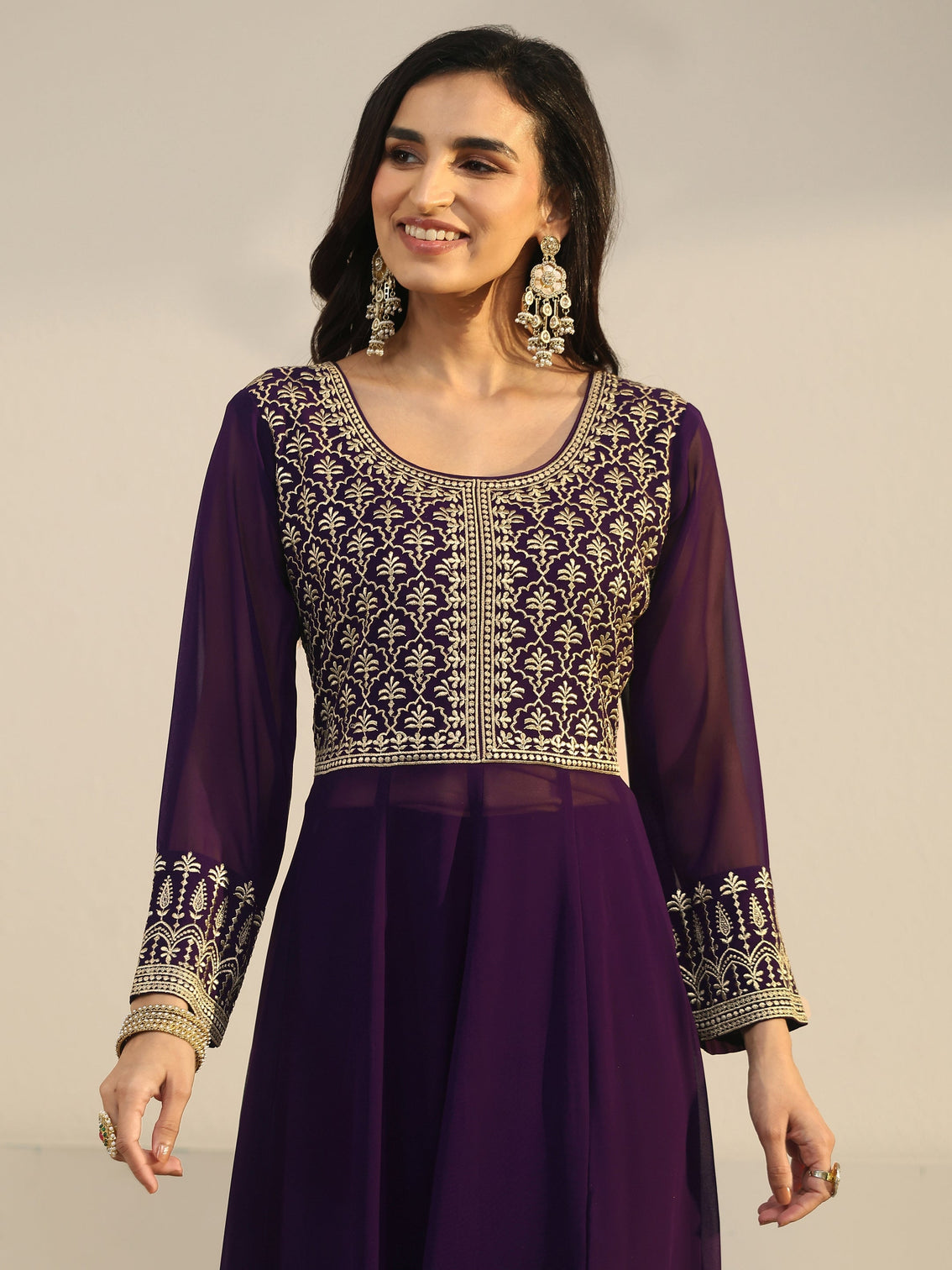 Mameraa Art Plum Purple Floral Embroidered Georgette Anarkali Suit Set