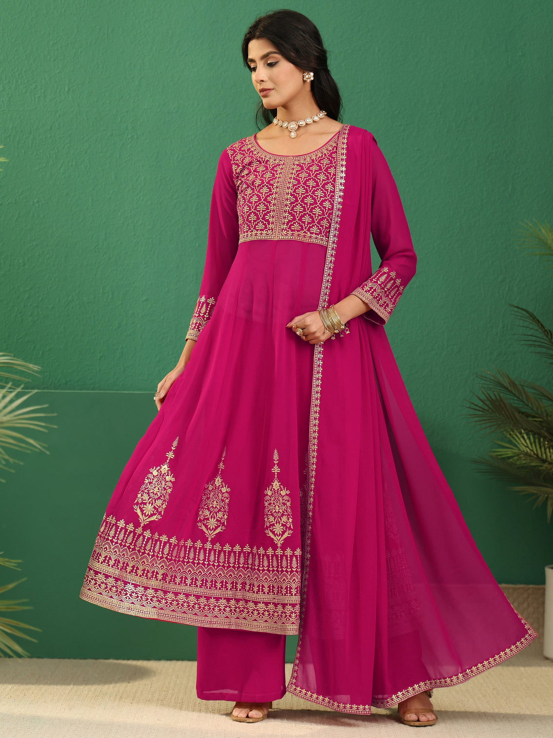 Mameraa Art Rani Pink Floral Embroidered Georgette Anarkali Suit Set