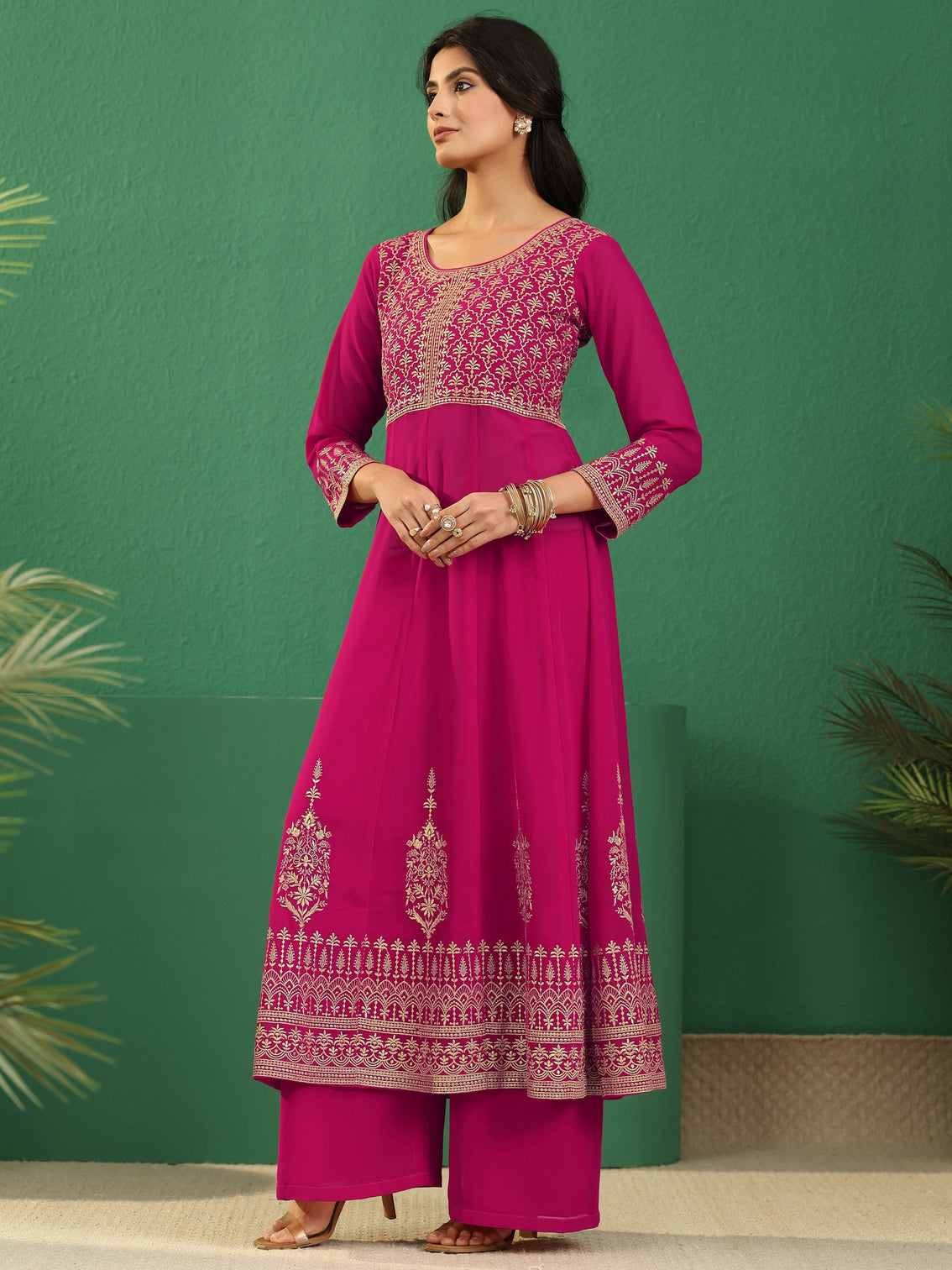 Mameraa Art Rani Pink Floral Embroidered Georgette Anarkali Suit Set