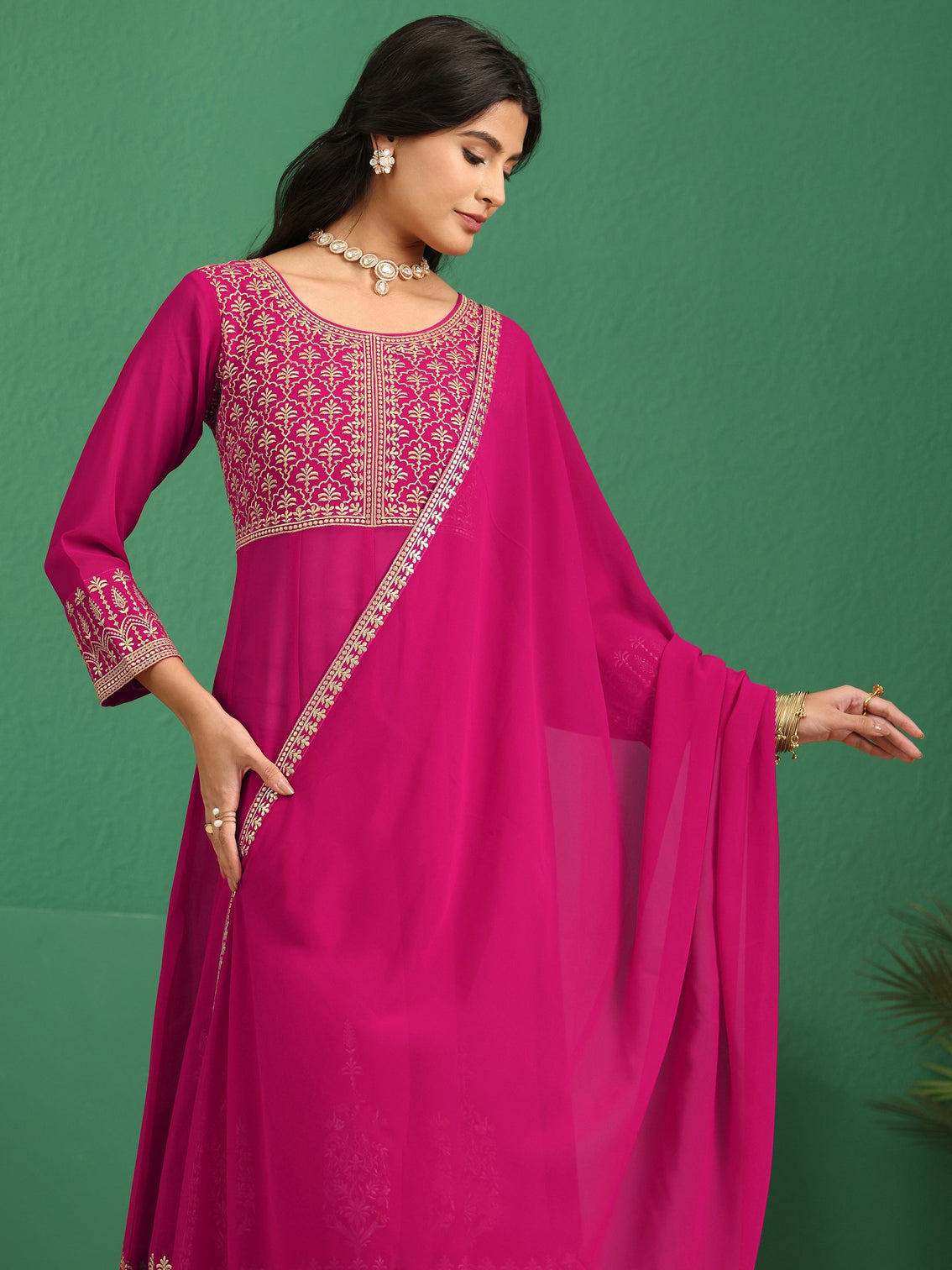 Mameraa Art Rani Pink Floral Embroidered Georgette Anarkali Suit Set