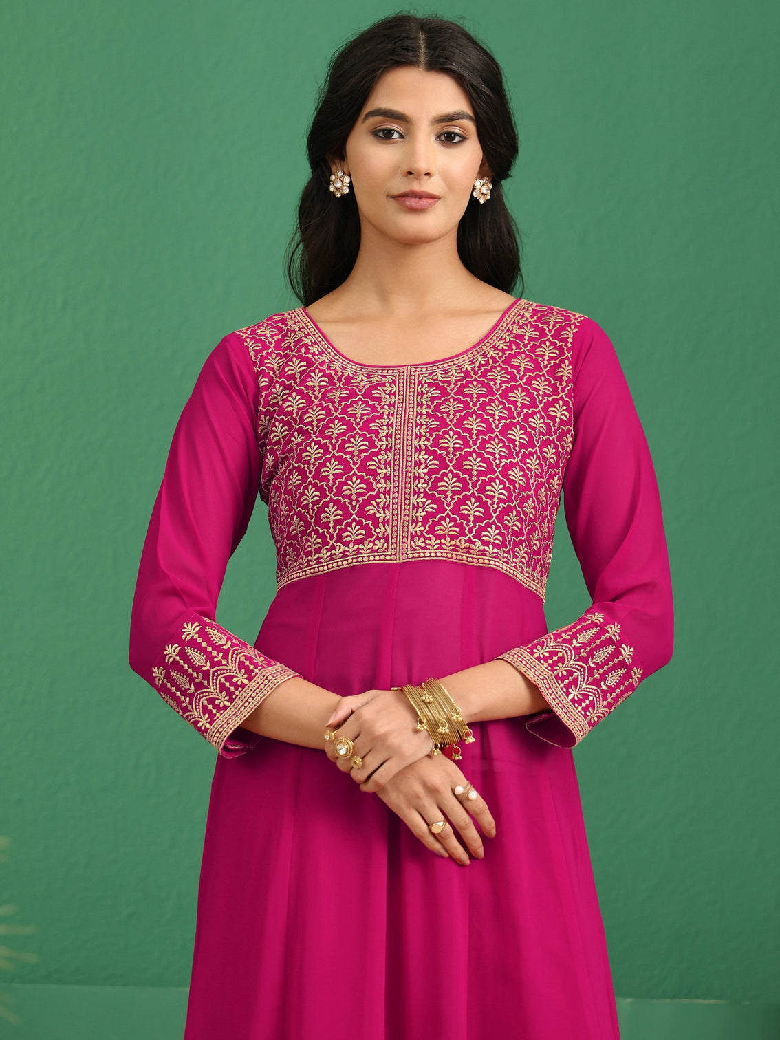 Mameraa Art Rani Pink Floral Embroidered Georgette Anarkali Suit Set