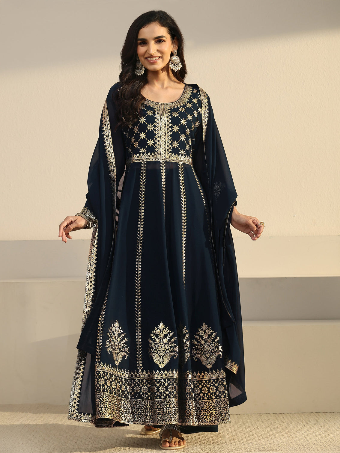Mameraa Art Navy Blue Floral Embroidered Georgette Anarkali Suit Set