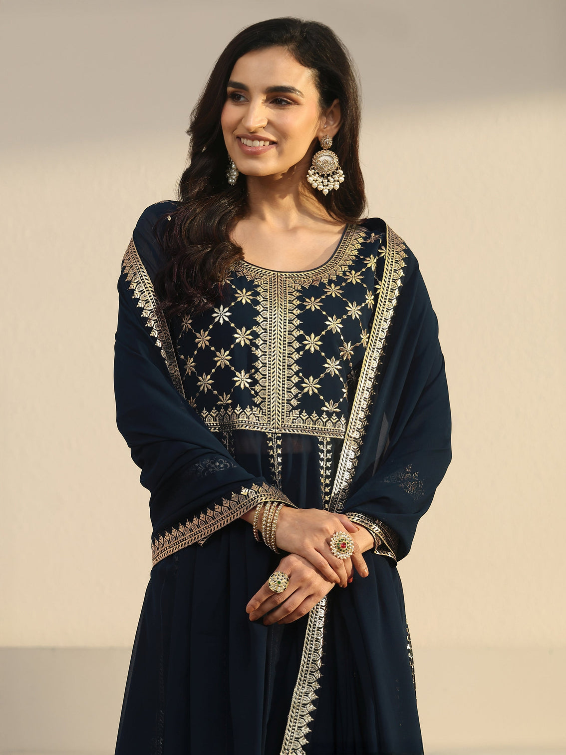 Mameraa Art Navy Blue Floral Embroidered Georgette Anarkali Suit Set