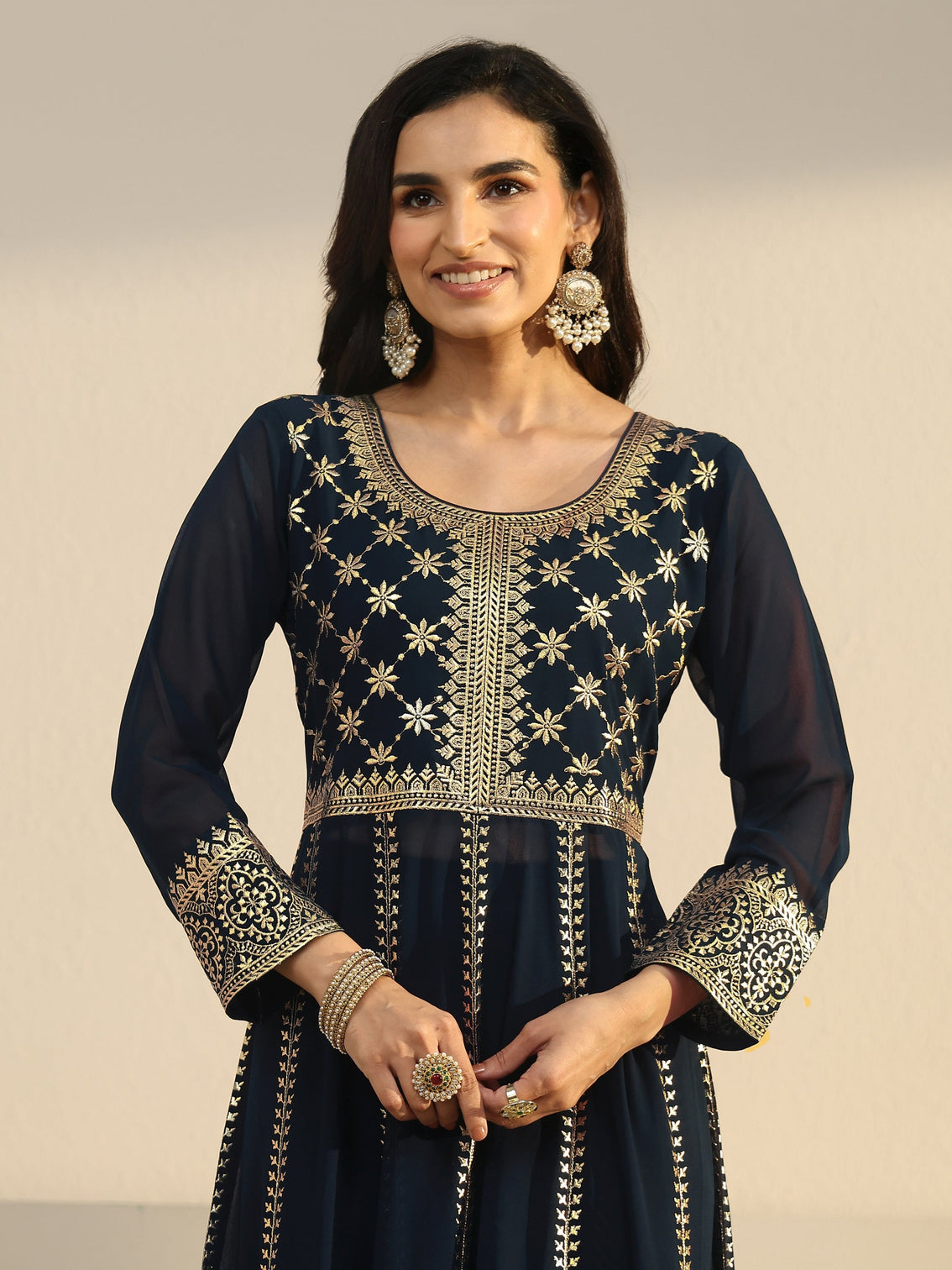 Mameraa Art Navy Blue Floral Embroidered Georgette Anarkali Suit Set